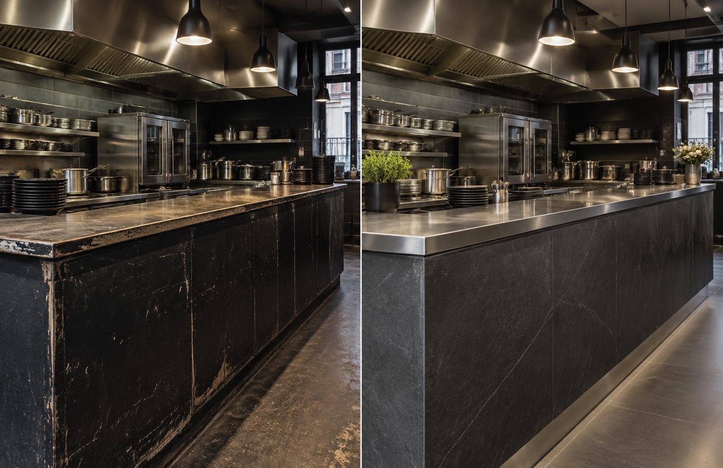 Cuisine professionnelle avant et après rénovation adhésive effet pierre graphite