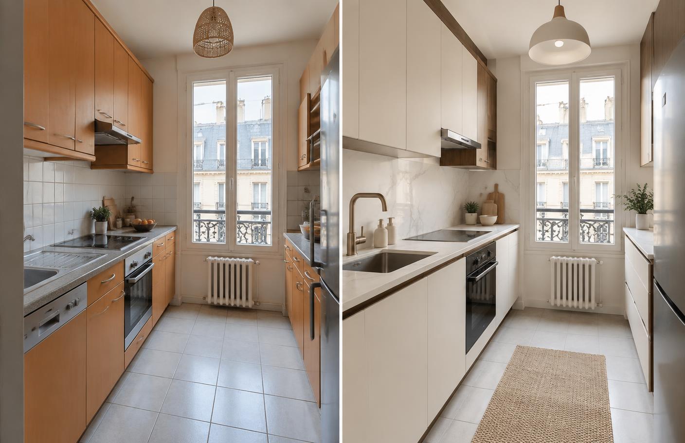 Petite cuisine parisienne avant et après rénovation Cover Styl' blanc mat et noyer